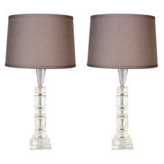 Pair of 1940s Glamorous Cross Hatched Cut Crystal Table Lamps