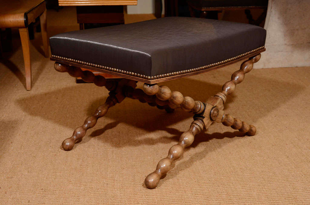 Pair of Bobbin Turned x-form tabourets upholstered in a close-nailed faux horsehair.