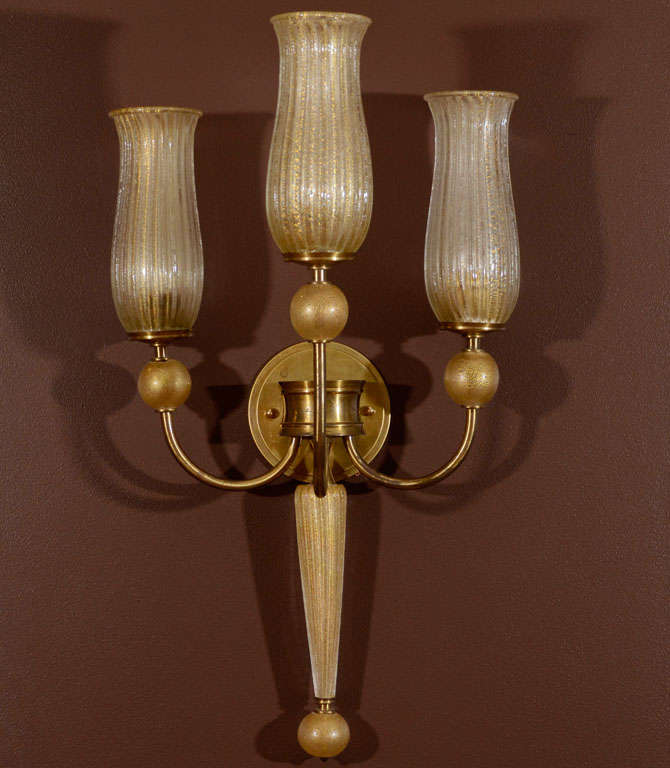 Pair of Venini Murano Glass and Brass Three-Light Wall Appliques