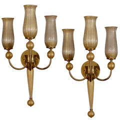 Pair of Venini Murano Glass and Brass Three-Light Wall Appliques