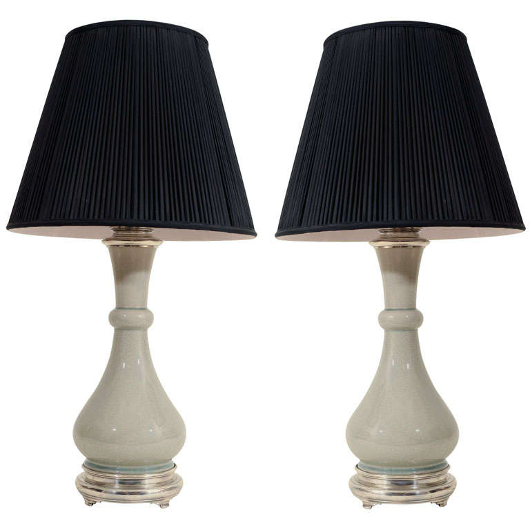 Pair Vintage Celadon Crackleware Vase Lamps, 1st Half 20th C.