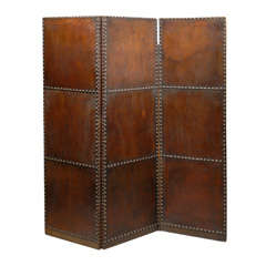 Antique Three Panel Leather Screen