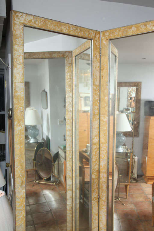 3 Panel Mother of pearl framed mirrored folding screen/divider In Excellent Condition In New York, NY