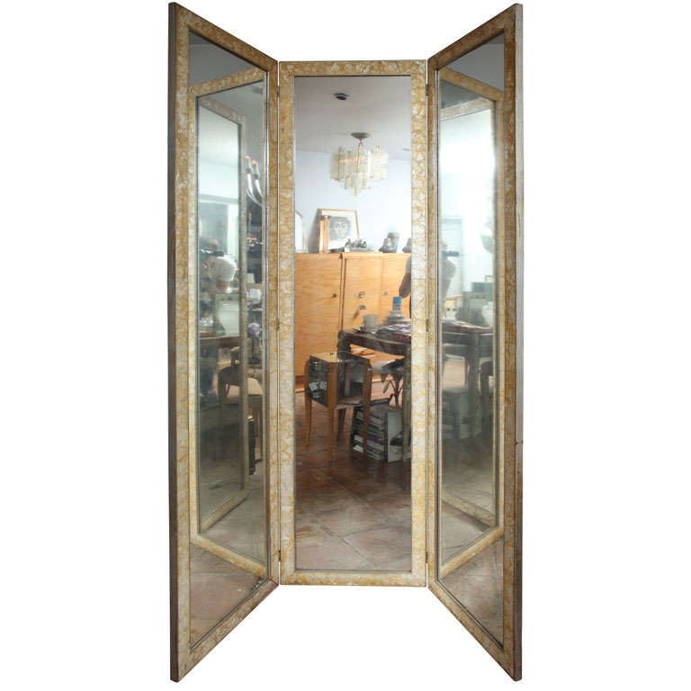 3 Panel Mother of pearl framed mirrored folding screen/divider
