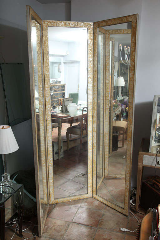 3 Panel Mother of pearl framed mirrored folding screen/divider at 1stDibs mirror folding