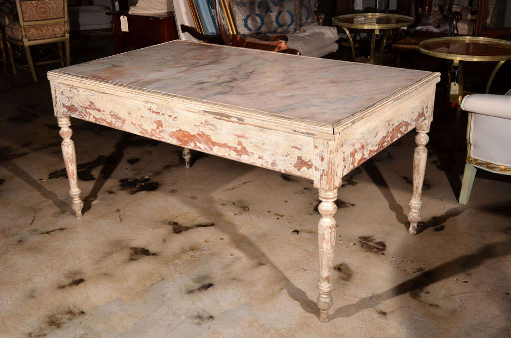 19th c painted Portuguese work table with inset Spanish marble top with drawer
