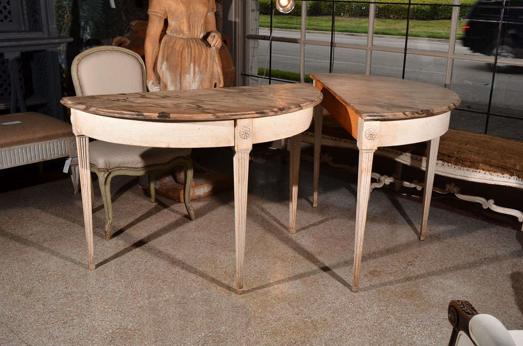 PAIR DEMILUNE PAINTED SWEDISH CLASSIC STYLE TABLES WITH STRAIGHT
SIMPLE LEGS AND SIMPLE FAUX MARBLE PAINTED TOPS