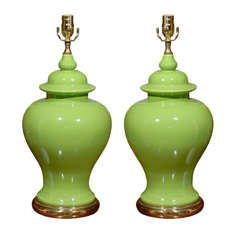 Pair Of Mid C Chinese Lime Green Ginger Jar Lamps