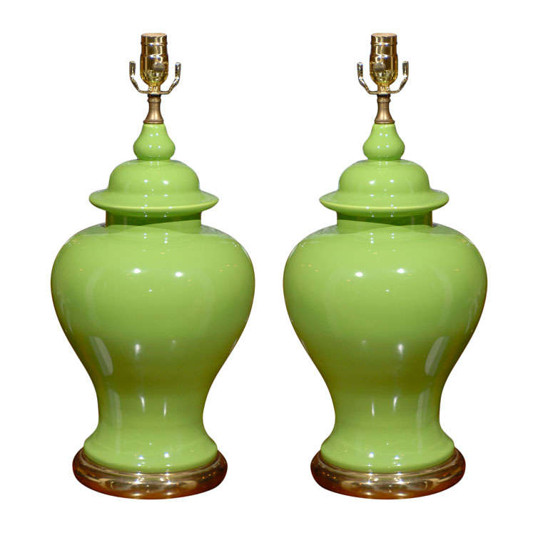 Pair Of Mid C Chinese Lime Green Ginger Jar Lamps at 1stDibs green