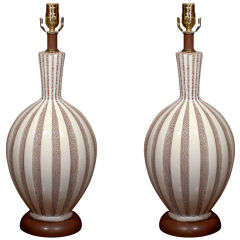 Pair Of Mid C White & Brown Striped Pottery Lamps