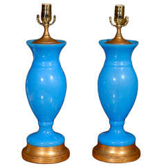Pair Of Mid C Blue Opaline  Vases As Lamps