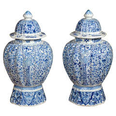 Pair Of 19thc Dutch Delft Vases With Covered Lids