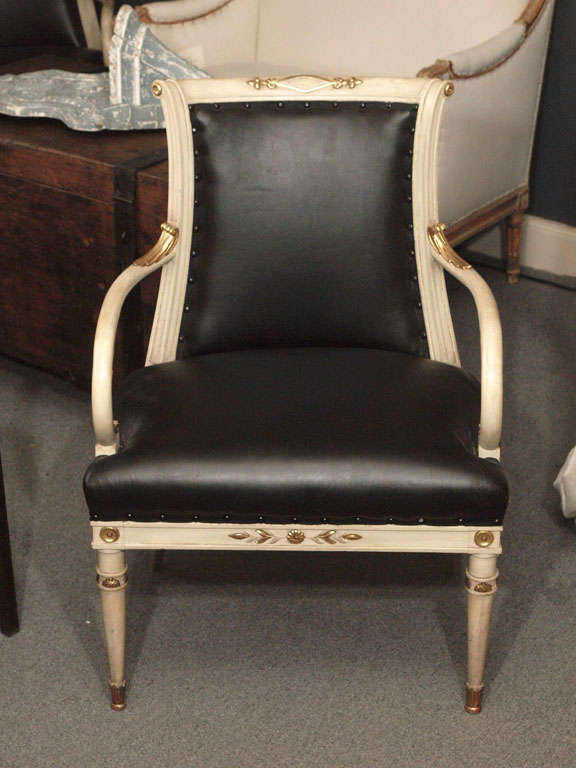 Pair of Painted Wood Maison Jansen Black Leather Armchairs , France c 1930