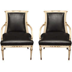 Pair of Painted Wood Maison Jansen Black Leather Armchairs , France c 1930