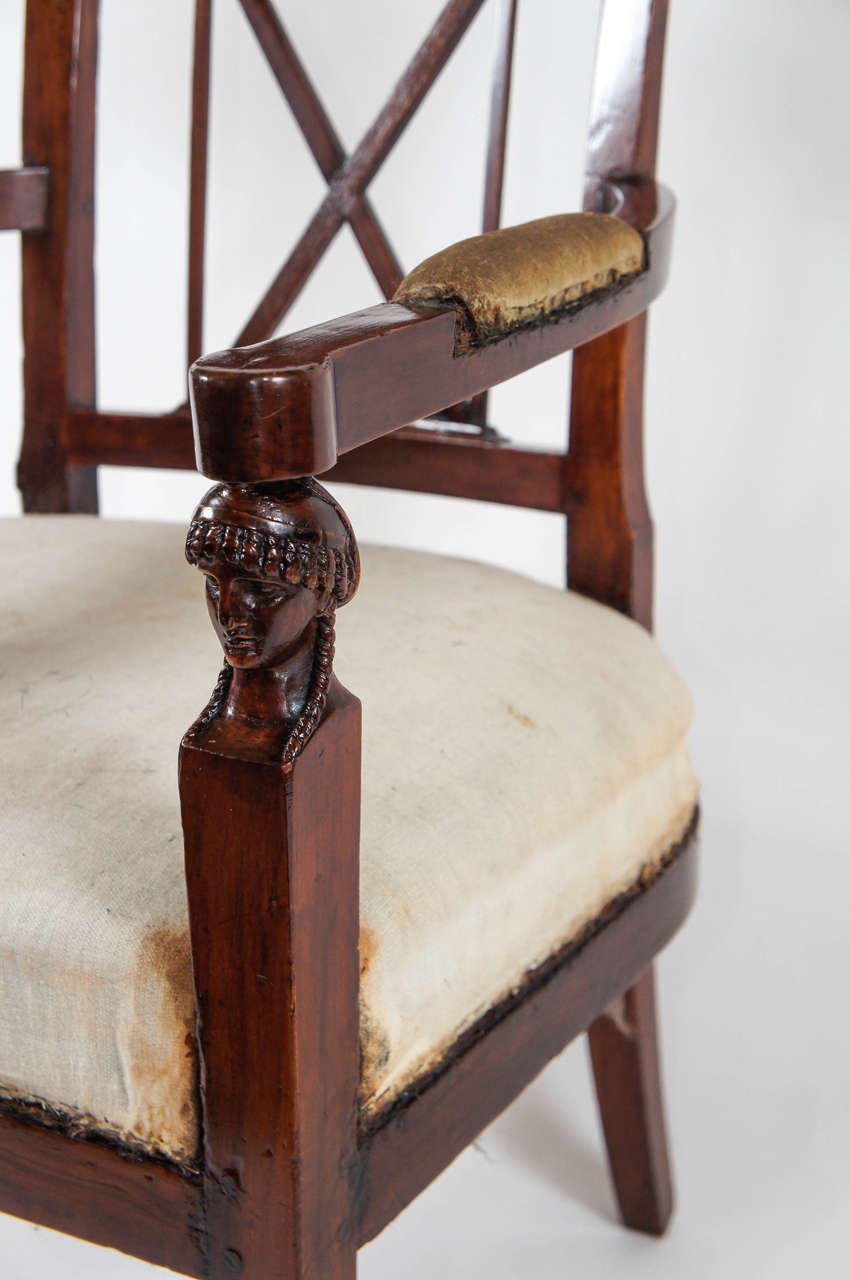 Mahogany Neoclassical Consulate Fauteuil or Armchair, Italy, circa 1800 For Sale