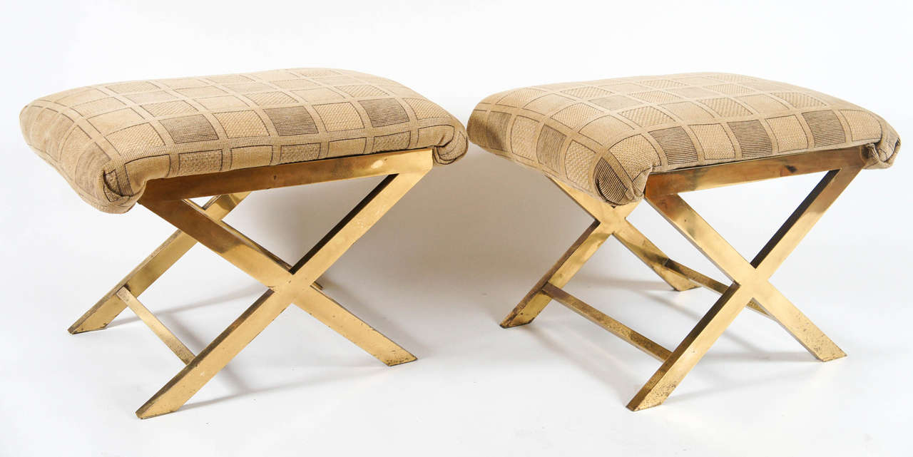 Chic pair of vintage brass-plated steel upholstered benches or stools in the style of Charles Hollis Jones.
