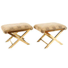 Chic Pair of Vintage Brass X-frame Benches or Stools 1
