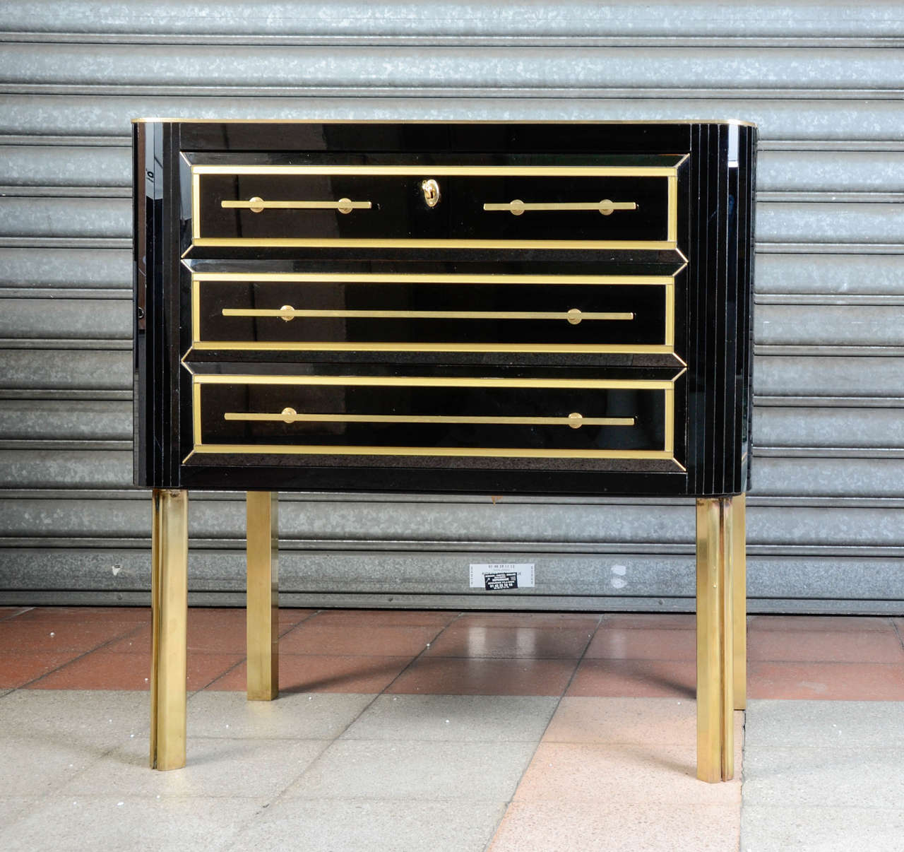 Italian Pair of Chests with Three Drawers Covered in Black Mirror, circa 1970