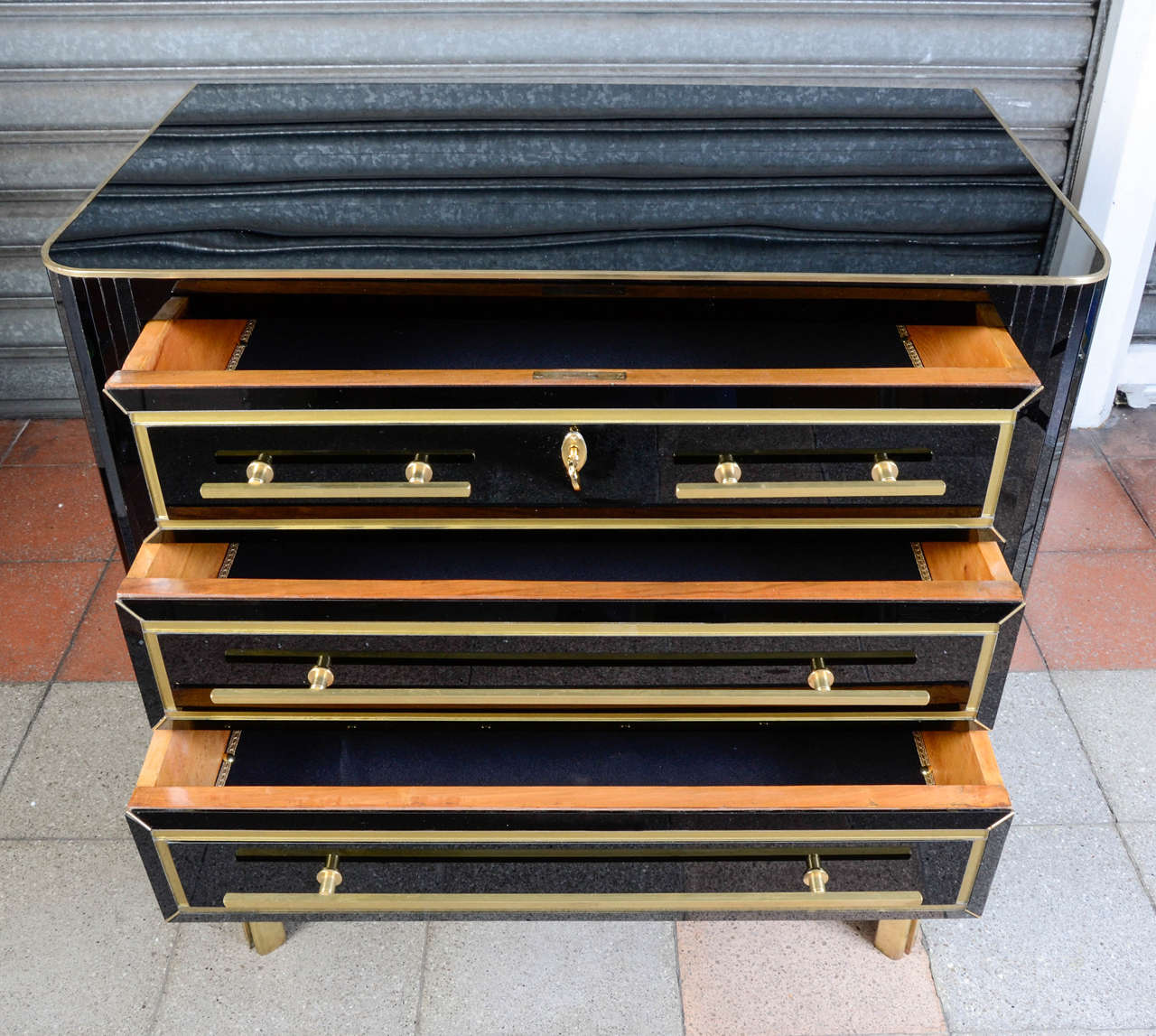 Pair of Chests with Three Drawers Covered in Black Mirror, circa 1970