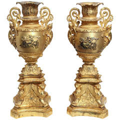 Pair of French Empire Style Gilt Bronze Neoclassical Urns