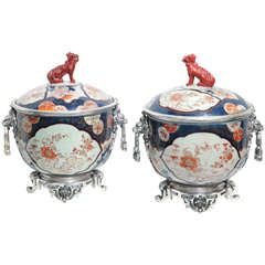 Antique Pair of Imari Porcelain and Silvered Bronze Covered Bowl Centerpieces