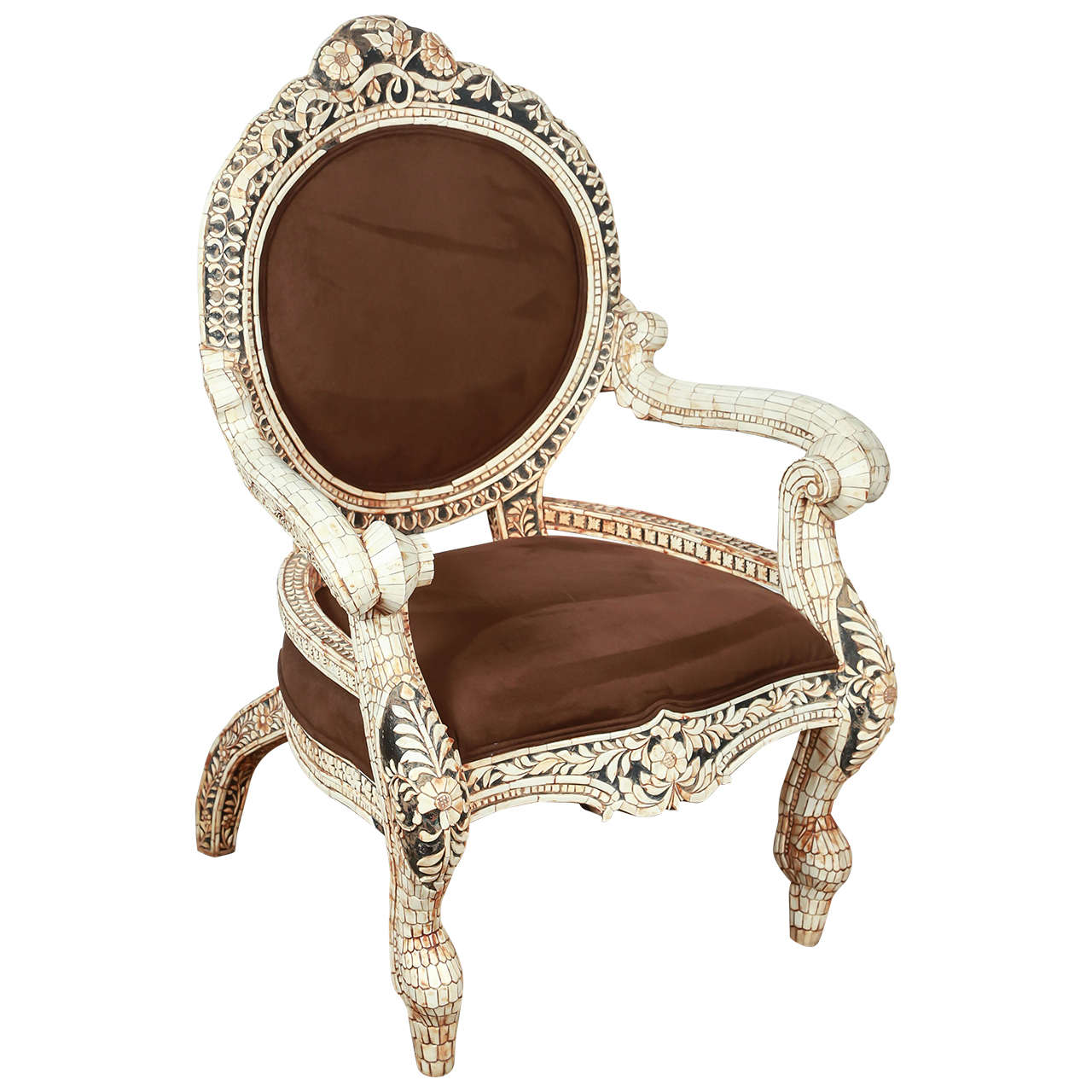Anglo Indian Bone Inlaid Throne Armchair For Sale