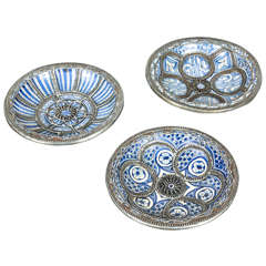 Antique Set of Three Moroccan Ceramic Plates from Fez