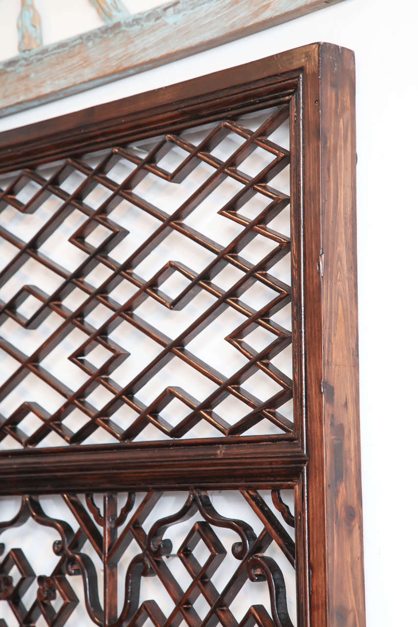 Chinese Lattice Screen Panel with Carved Accents
