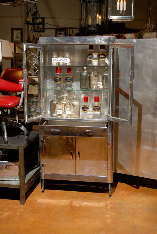 20th Century 1950s English Polished Aluminum Glass Door Cabinet with Drawer and Lower Doors