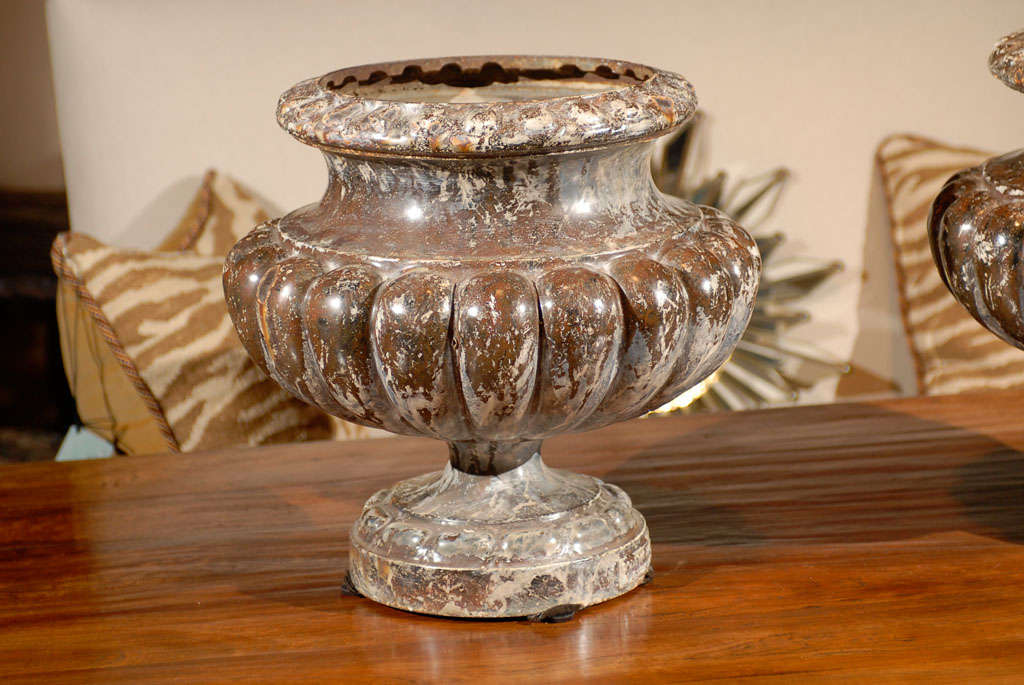 Painted Pair of French Mid 19th Century Alfred Corneau Marbleized Iron Urns For Sale