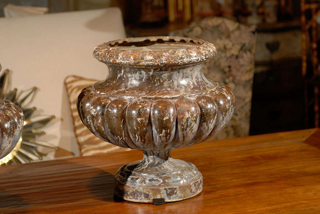 Pair of French Mid 19th Century Alfred Corneau Marbleized Iron Urns In Good Condition For Sale In Atlanta, GA