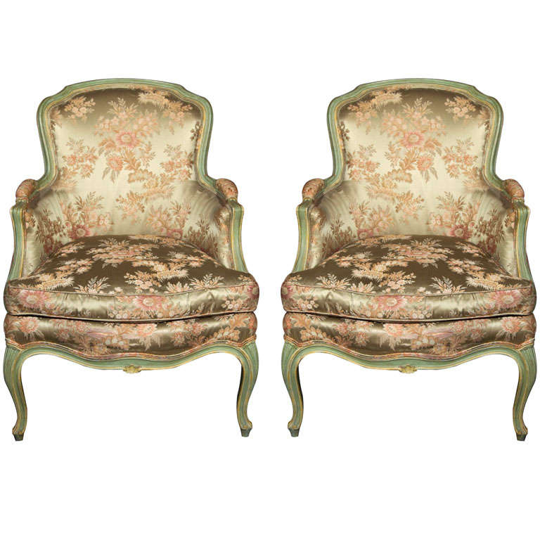 Pair of Louis XV Style Paint Decorated Bergere Chairs