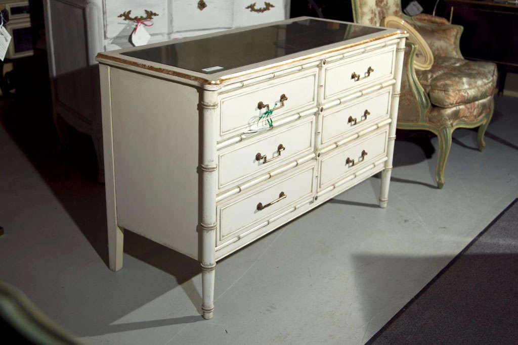 Mid-20th Century Hollywood Regency Style Silver Leaf Glass Top Faux Bamboo Dresser Chest Commode