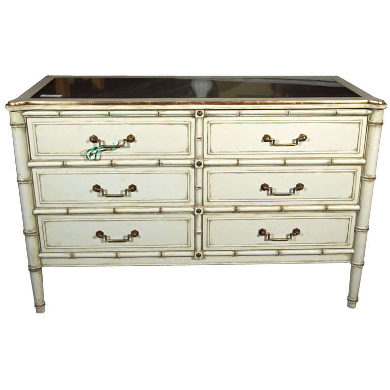 Hollywood Regency Style Silver Leaf Glass Top Faux Bamboo Dresser Chest Commode