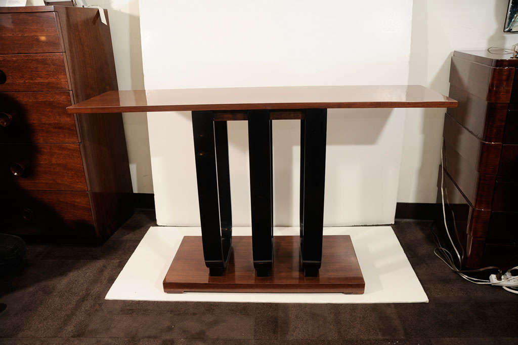 Art Deco Streamline Console in Walnut and Black Lacquer