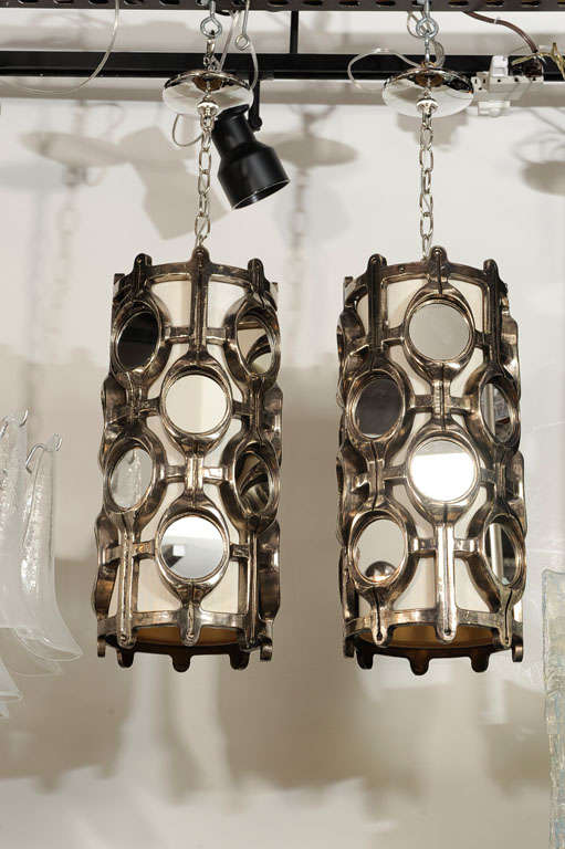 Pair of Mid Century Moonglow Resin & Mirrrored Lantern Fixtures 4