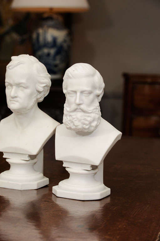 These six 19th-century Parian ware busts depict classical composers and other notable Germans, including Beethoven, Mozart, Handel, Wagner, Wilhelm I, and Friedrich III.