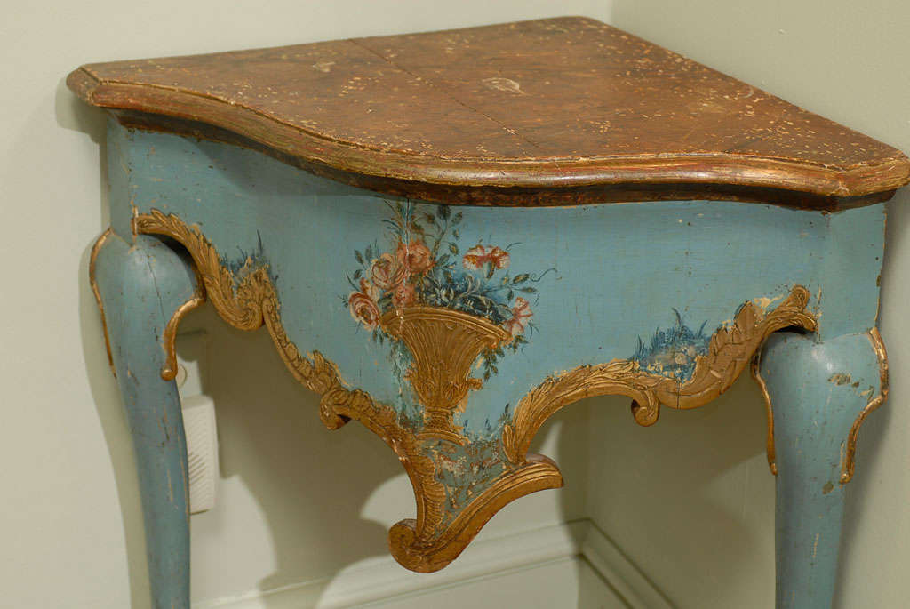 19th Century Corner Console handpainted with cabriole legs and scalloped apron. Italian.