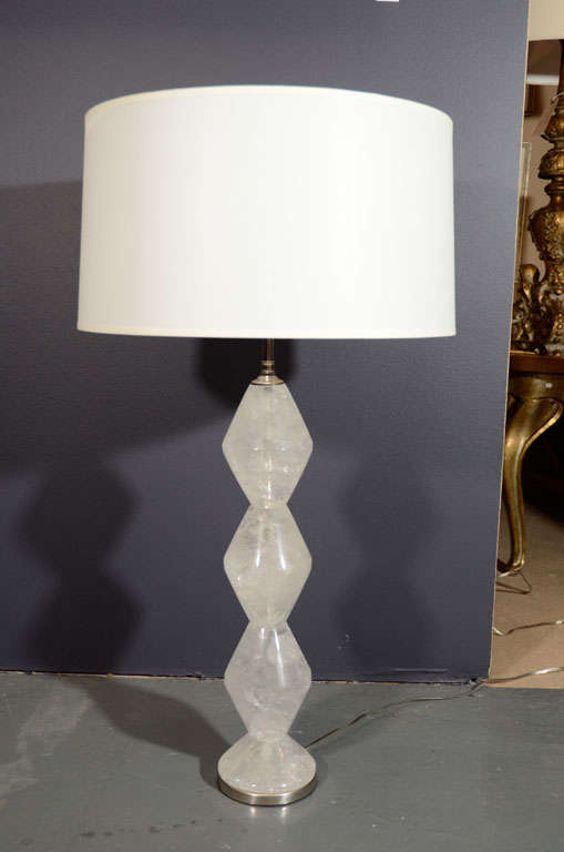 Hand-cut rock crystal diamond shape lamps on nickel-plated brass bases. 
Double socketed,  with nickel-plated brass hardware and pull chains.