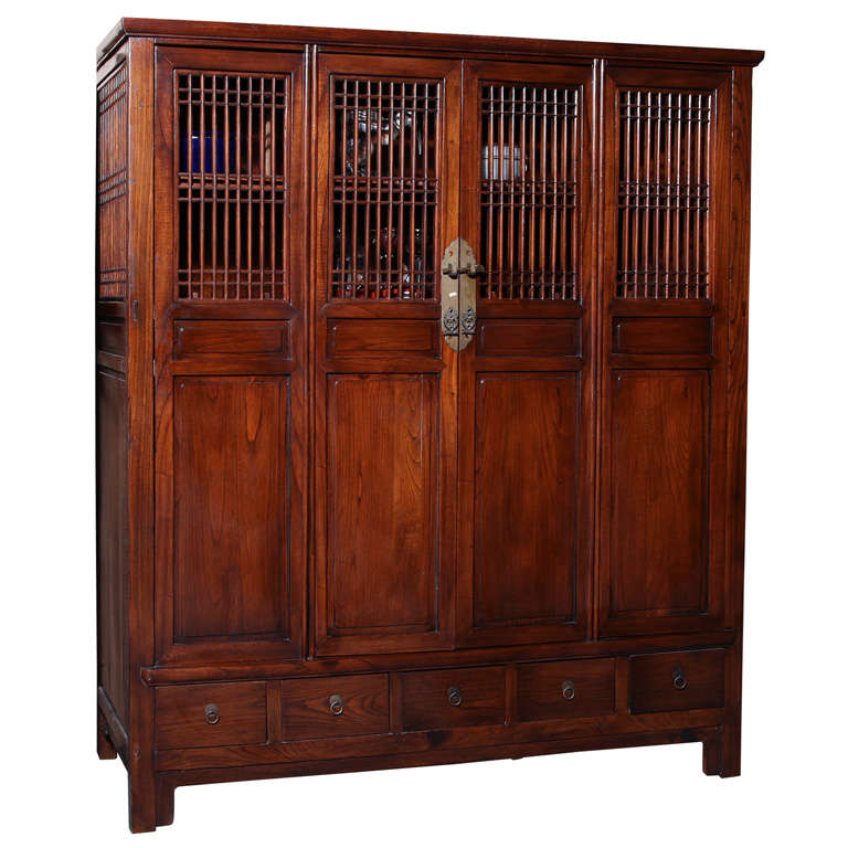 Anglo-Chinese Large Elmwood Cabinet with Accordion Doors, Turn of the Century