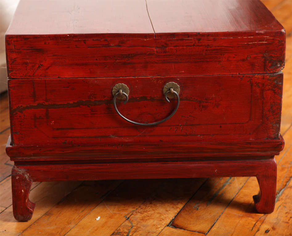 Brass Late 19th Century Chinese Red Lacquered Trunk on Stand with Original Finish