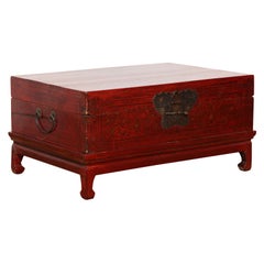 Late 19th Century Chinese Red Lacquered Trunk on Stand with Original Finish