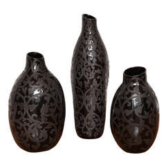 Set of ThreeMirror Black Glaze Artisan Made Vases