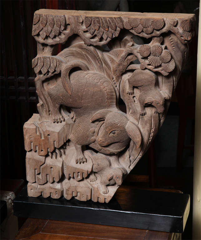 Chinese Pair of Mid-19th Century Carved Temple Corbels with Animals and their Young
