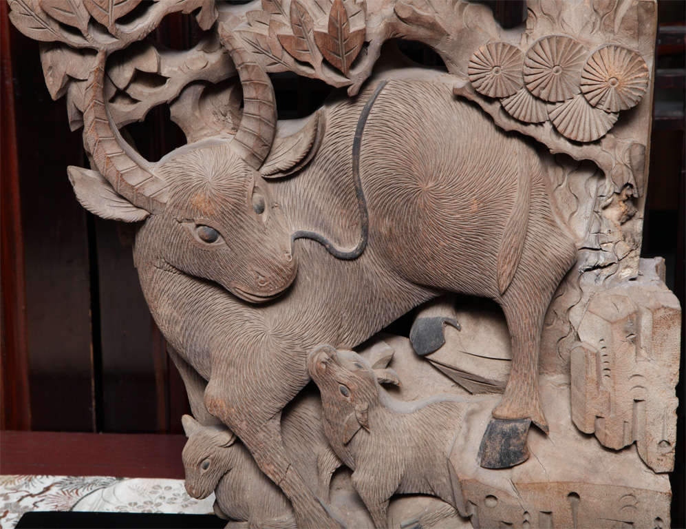 Hand-Carved Pair of Mid-19th Century Carved Temple Corbels with Animals and their Young