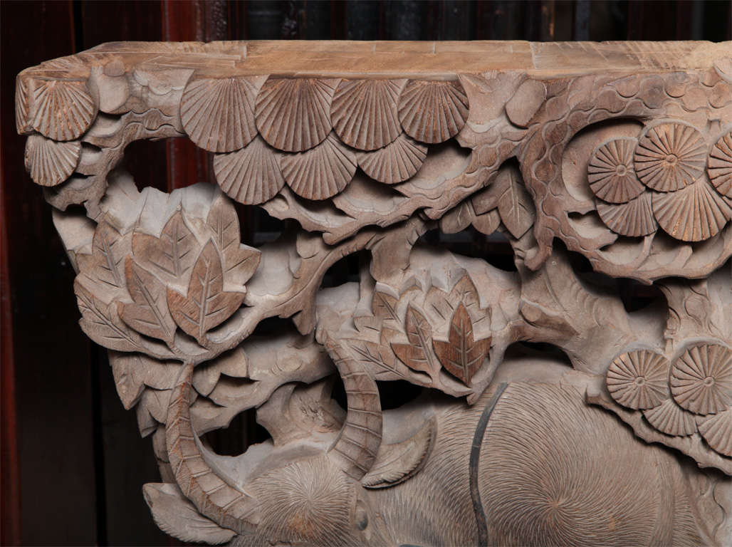 Wood Pair of Mid-19th Century Carved Temple Corbels with Animals and their Young
