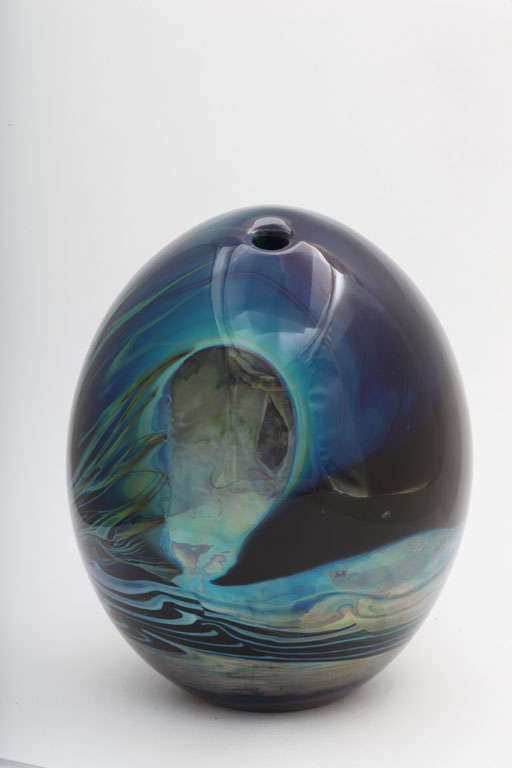 A fine John Lewis  blown glass Moon flask bud vase, signed Lewis 74
