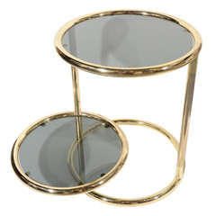 Modern Brass and Smoked Glass Side Table with Extendable Tier