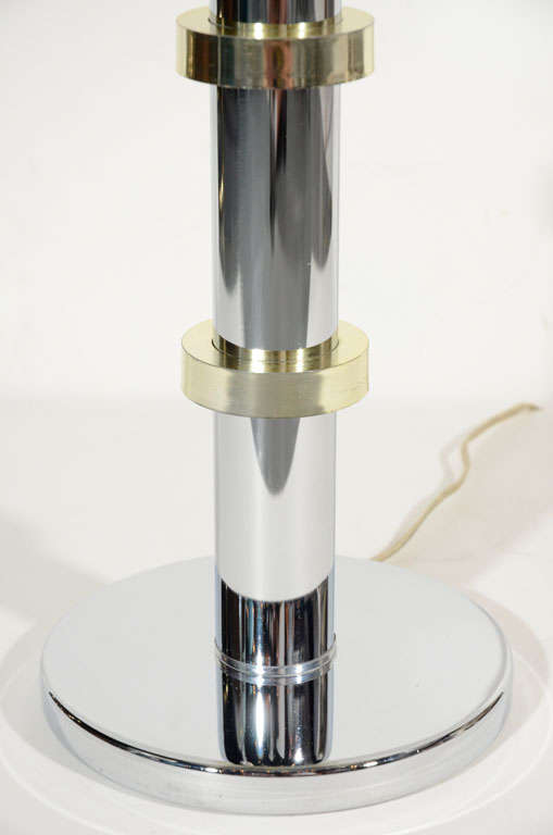 Pair of Art Deco Machine Age Inspired Tall Chrome and Brass Lamps In Excellent Condition In Fort Lauderdale, FL