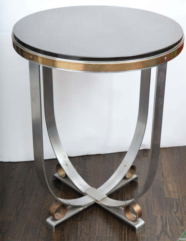 American Walter Kantack Table Art Deco Polished Steel and Brass with Onyx Top, 1920s For Sale